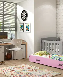 BMS Detská posteľ KUBUŠ 2 s prístelkou | sivá Farba: Sivá / ružová, Rozmer.: 200 x 90 cm