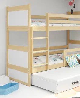 BMS Detská poschodová posteľ s prístelkou RICO 3 | borovica 90 x 200 cm Farba: Ružová