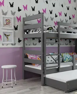 BMS Detská poschodová posteľ ERYK 3 s prístelkou | sivá Farba: Sivá / ružová, Rozmer.: 200 x 90 cm