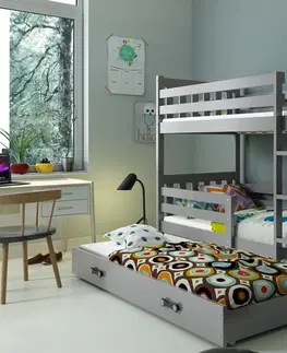 BMS Detská poschodová posteľ s prístelkou CARINO 3 | 80 x 190 cm Farba: Sivá / biela