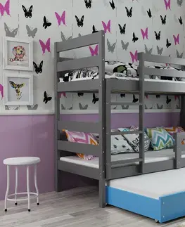 BMS Detská poschodová posteľ ERYK 3 s prístelkou | sivá Farba: Sivá / Modrá, Rozmer.: 160 x 80 cm