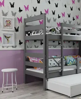 BMS Detská poschodová posteľ ERYK 3 s prístelkou | sivá Farba: Sivá / zelená, Rozmer.: 200 x 90 cm