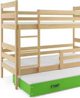 BMS Detská poschodová posteľ s prístelkou ERYK 3 | borovica Farba: Borovica / zelená, Rozmer.: 190 x 80 cm