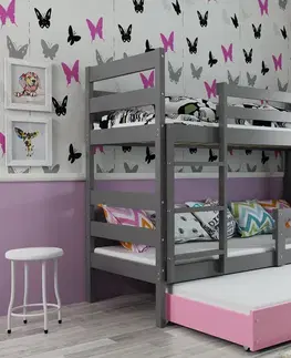 BMS Detská poschodová posteľ ERYK 3 s prístelkou | sivá Farba: Sivá / ružová, Rozmer.: 160 x 80 cm