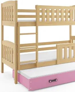 BMS Detská poschodová posteľ s prístelkou KUBUŠ 3 | borovica Farba: Borovica / ružová, Rozmer.: 190 x 80 cm