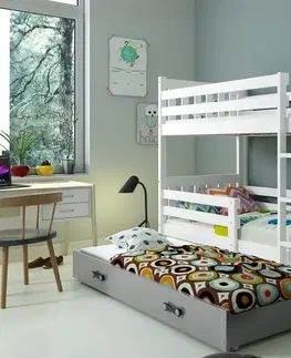 BMS Detská poschodová posteľ s prístelkou CARINO 3 | 80 x 190 cm Farba: Sivá / zelená