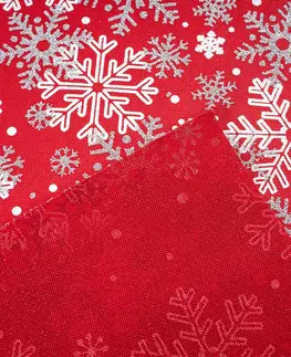 Vianočná dekoračná látka Vločky červená, 28 x 250 cm