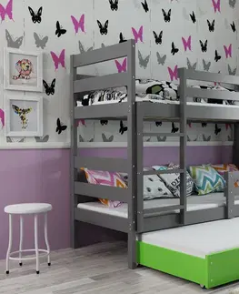 BMS Detská poschodová posteľ ERYK 3 s prístelkou | sivá Farba: Sivá / zelená, Rozmer.: 190 x 80 cm