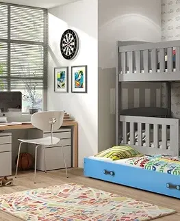 BMS Detská poschodová posteľ KUBUŠ 3 s prístelkou / sivá Farba: Sivá / zelená, Rozmer.: 190 x 80 cm
