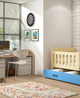 BMS Detská posteľ KUBUŠ 1 s úložným priestorom | borovica Farba: Borovica / modrá, Rozmer.: 200 x 90 cm