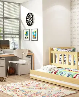 BMS Detská posteľ KUBUŠ 2 s prístelkou | borovica Farba: Borovica / zelená, Rozmer.: 200 x 90 cm