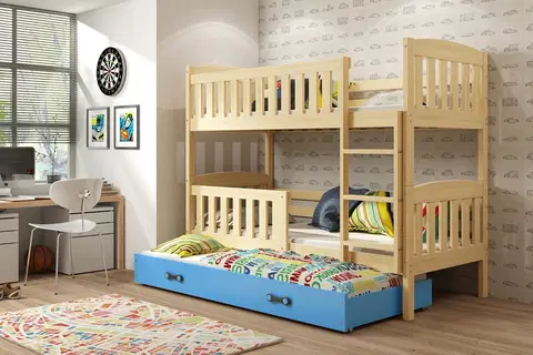 BMS Detská poschodová posteľ s prístelkou KUBUŠ 3 | borovica Farba: Borovica / modrá, Rozmer.: 190 x 80 cm