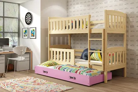 BMS Detská poschodová posteľ s prístelkou KUBUŠ 3 | borovica Farba: Borovica / ružová, Rozmer.: 200 x 90 cm