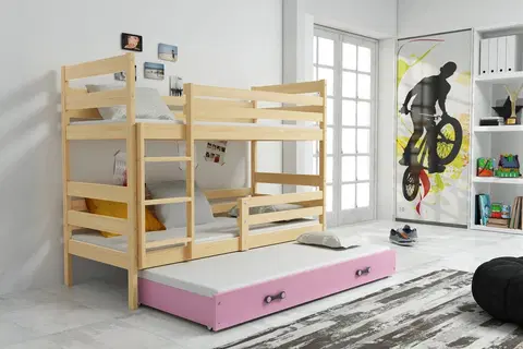 BMS Detská poschodová posteľ s prístelkou ERYK 3 | borovica Farba: Borovica / ružová, Rozmer.: 190 x 80 cm