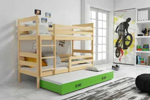 BMS Detská poschodová posteľ s prístelkou ERYK 3 | borovica Farba: Borovica / zelená, Rozmer.: 200 x 90 cm