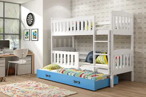 BMS Detská poschodová posteľ KUBUŠ 3 s prístelkou | biela Farba: biela / modrá, Rozmer.: 200 x 90 cm