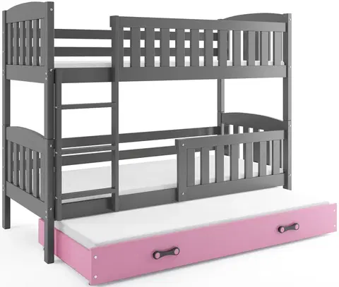 BMS Detská poschodová posteľ KUBUŠ 3 s prístelkou / sivá Farba: Sivá / ružová, Rozmer.: 190 x 80 cm