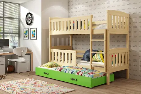 BMS Detská poschodová posteľ s prístelkou KUBUŠ 3 | borovica Farba: Borovica / zelená, Rozmer.: 200 x 90 cm