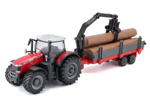 BBURAGO - 10 cm Massey FERGUSSON 8740S Tractor con remolque de troncos
