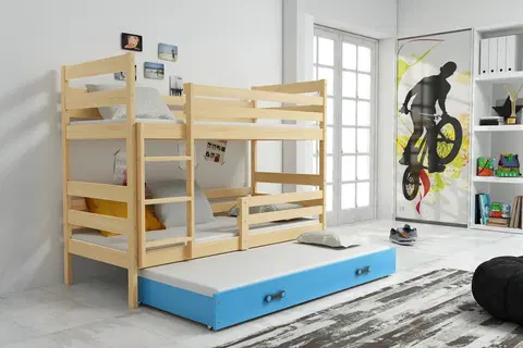 BMS Detská poschodová posteľ s prístelkou ERYK 3 | borovica Farba: Borovica / modrá, Rozmer.: 190 x 80 cm