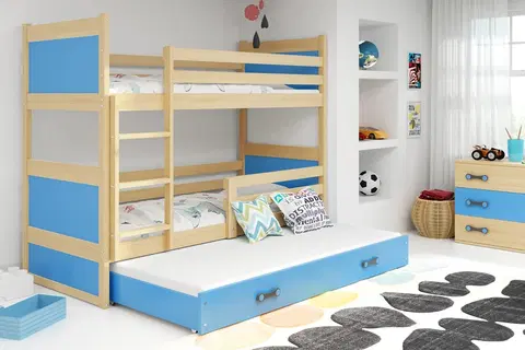 BMS Detská poschodová posteľ s prístelkou RICO 3 | borovica 80 x 190 cm Farba: Modrá